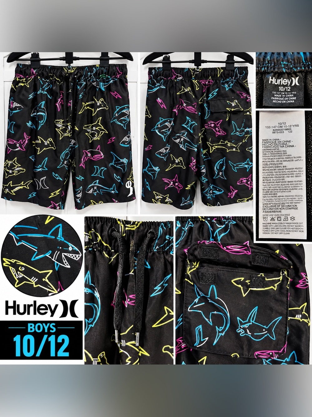 Hurley Boys Neon Shark Print Swim Trunks — Size 10/12